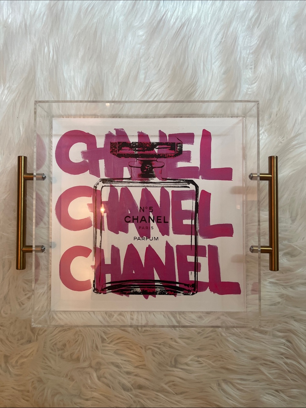 Tart by Taylor CHANEL Acrylic Tray with Fuchsia Logo and Gold Handles